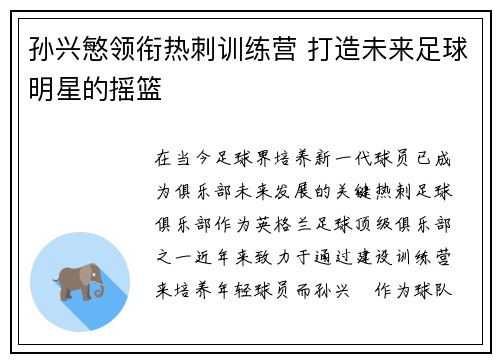 孙兴慜领衔热刺训练营 打造未来足球明星的摇篮 孙兴慜领衔热刺训练营 打造未来足球明星的摇篮